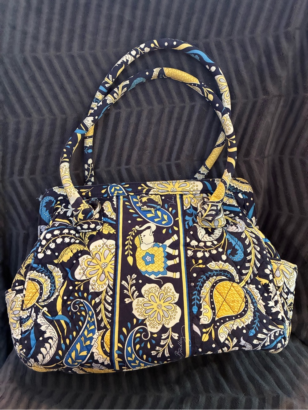 Retired Ellie Blue Vera Bradley Navy and Yellow Floral Quilted Shoulder Bag